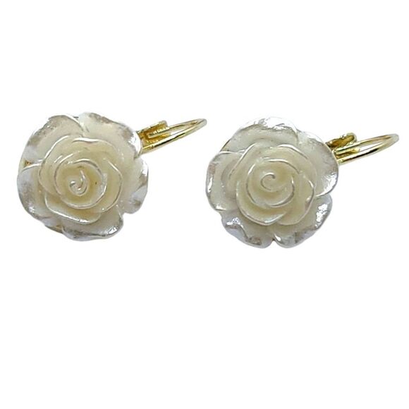 Camellia Flower Lever Back Drop Earrings Boho Wedding Bridal Bride Ivory Jewelry - Picture 6 of 9